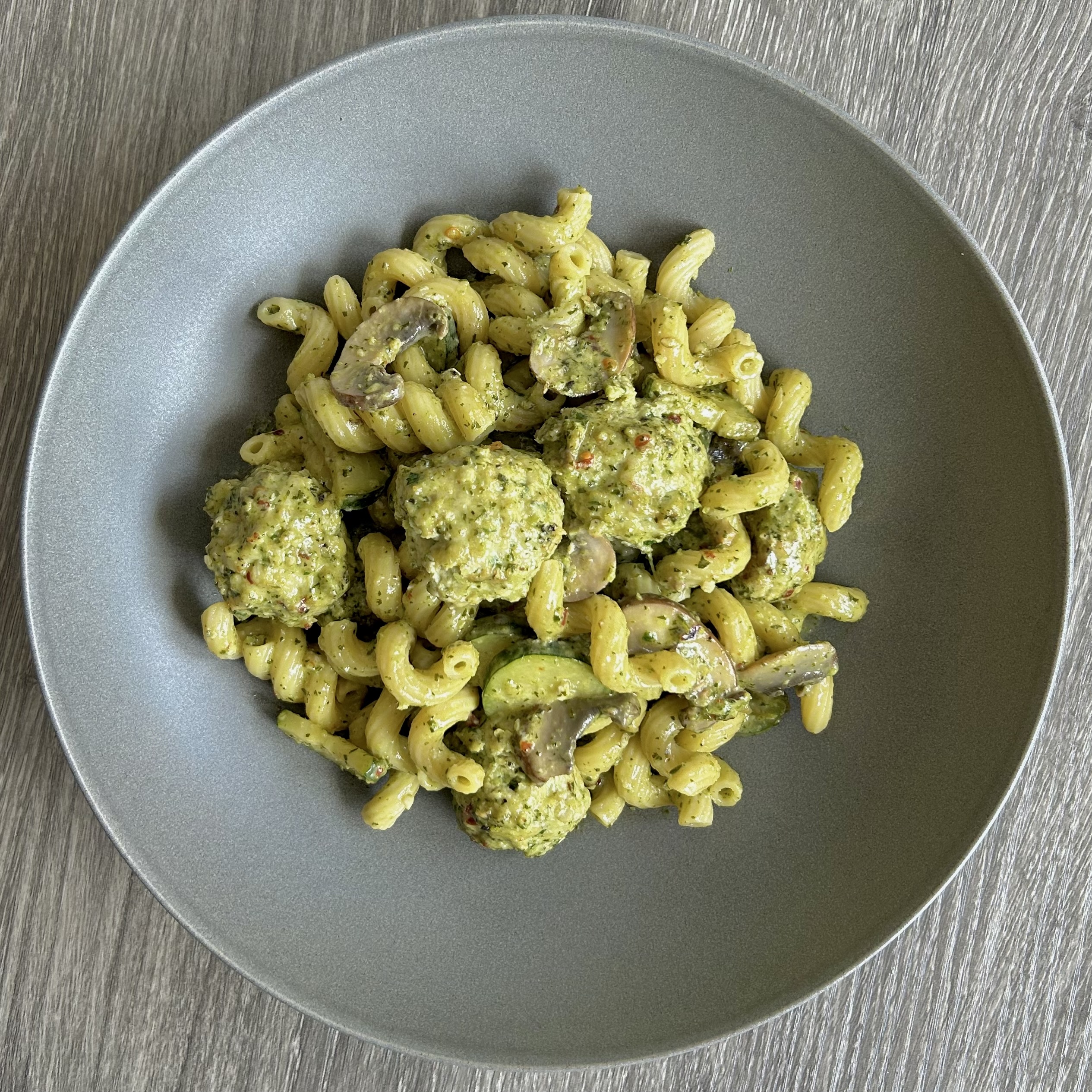 Creamy Pesto Pasta with Chicken Meatballs